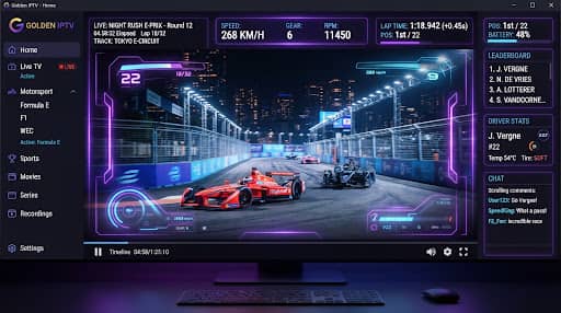 Golden IPTV cinematic live-streaming interface