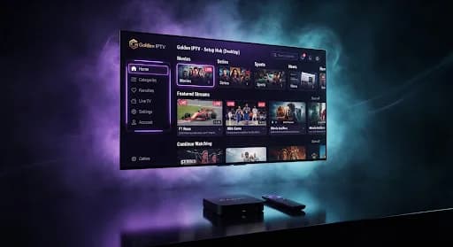 Cinematic television displaying the Golden IPTV setup interface