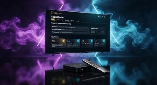 Cinematic streaming support console in violet and blue light