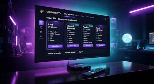 Cinematic television, streaming device and remote in violet and blue light